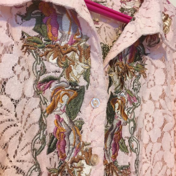 Embrodery Floral Light Pink Women's Lace Button Up Shirt Paparazzi by Biz - Picture 2 of 14